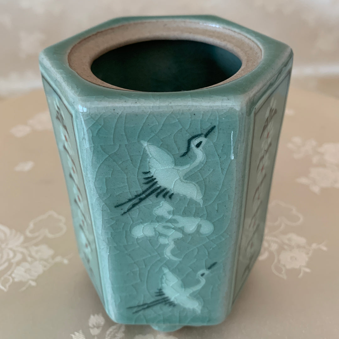 Celadon Incense Burner with Inlaid Crane and Chrysanthemum Pattern and Openwork Cover