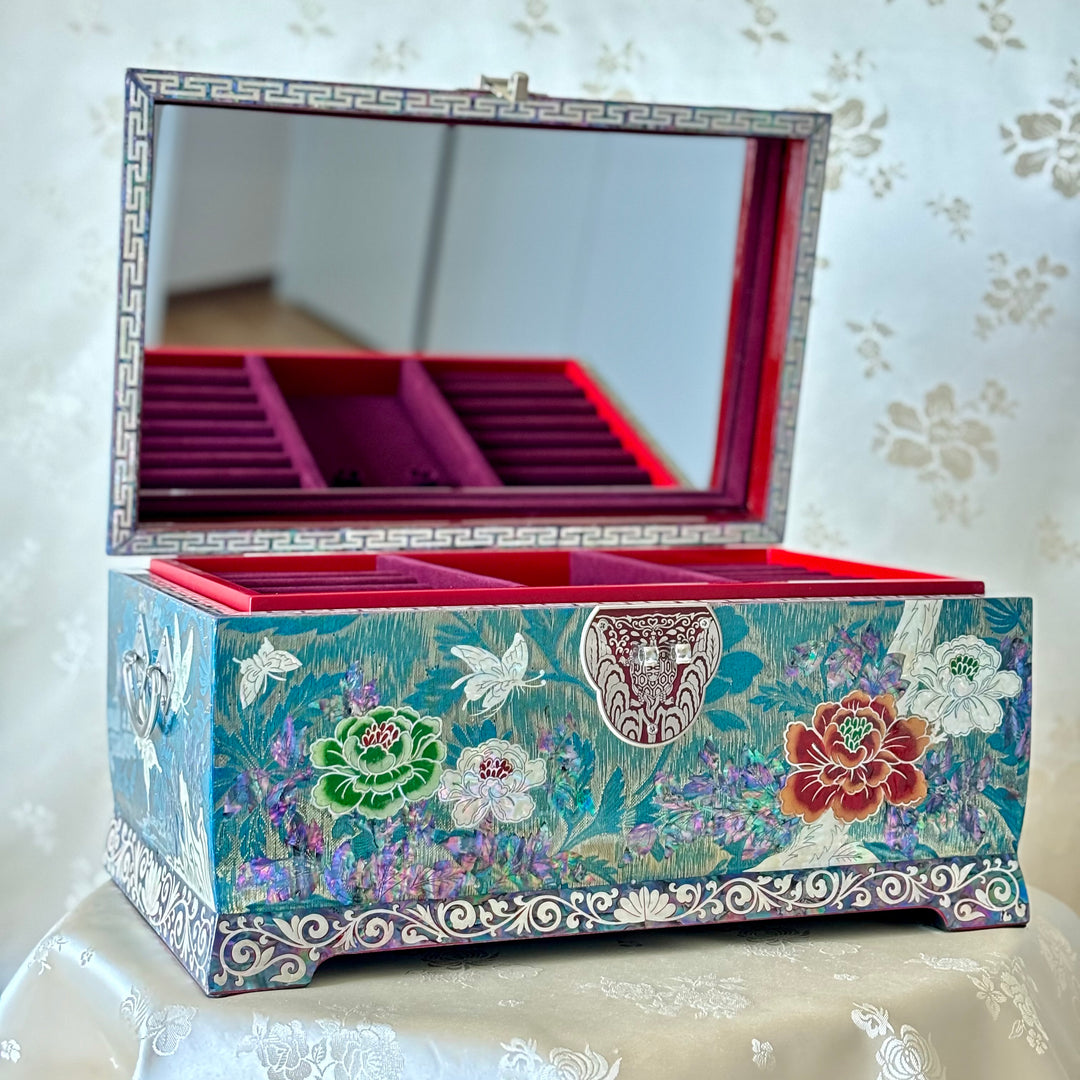 Cyan Blue Silk-Layered Korean Mother of Pearl Wooden Jewelry Box with Peony and Butterfly Pattern