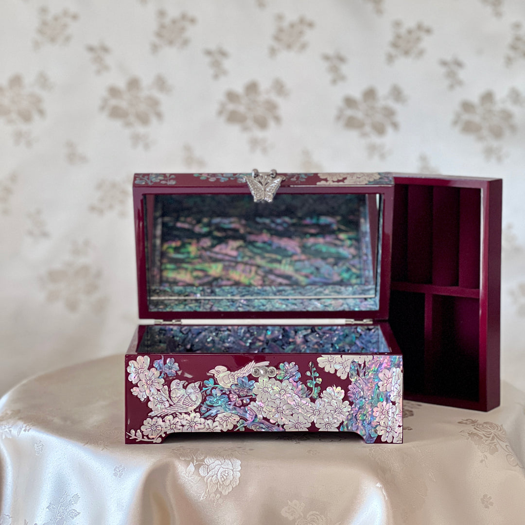 Mother of Pearl Handmade Wine Color Jewelry Box with Butterfly, Bird and Plum Blossom Tree Pattern (자개 호접 매조문 보석함)