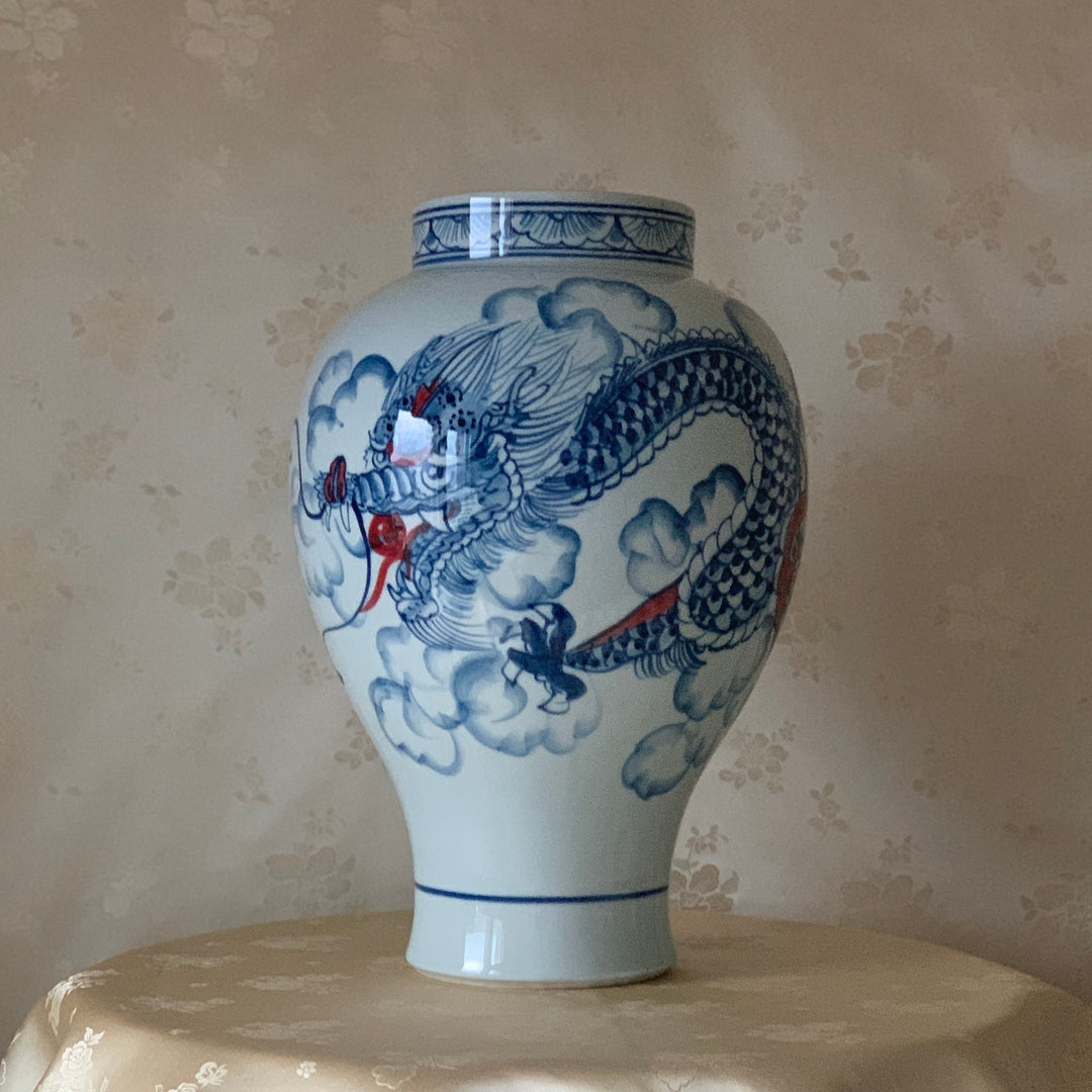 White Porcelain Vase with Drawn Dragon and Cloud Pattern (백자 청화 용운문 호)