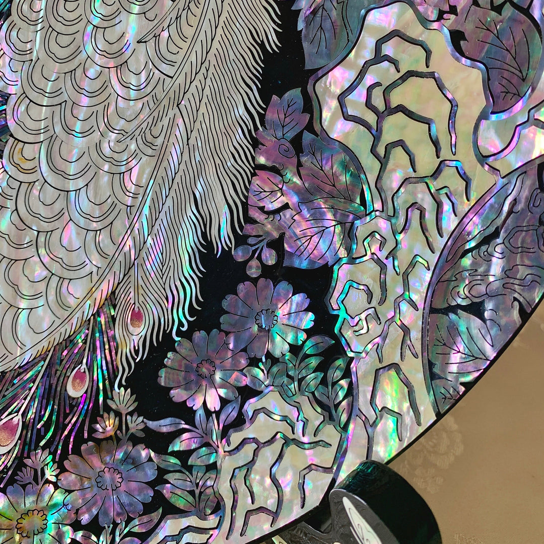 Mother of Pearl Wooden Plate with Peacock and Peony Pattern (자개 공작 목단문 접시)