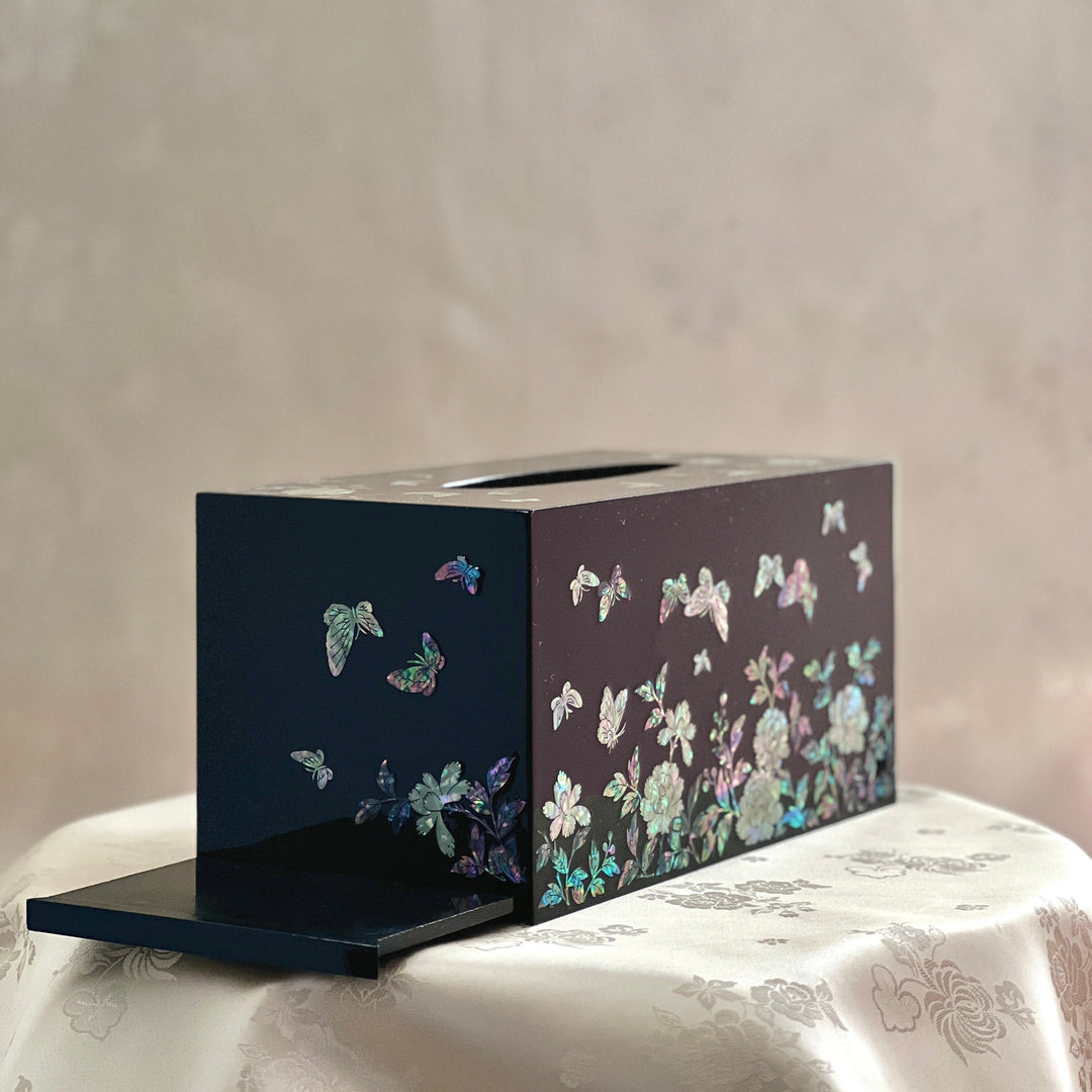 Mother of Pearl Black Wooden Tissue Box with Butterfly and Peony Pattern (자개 호접 목단문 티슈 케이스)