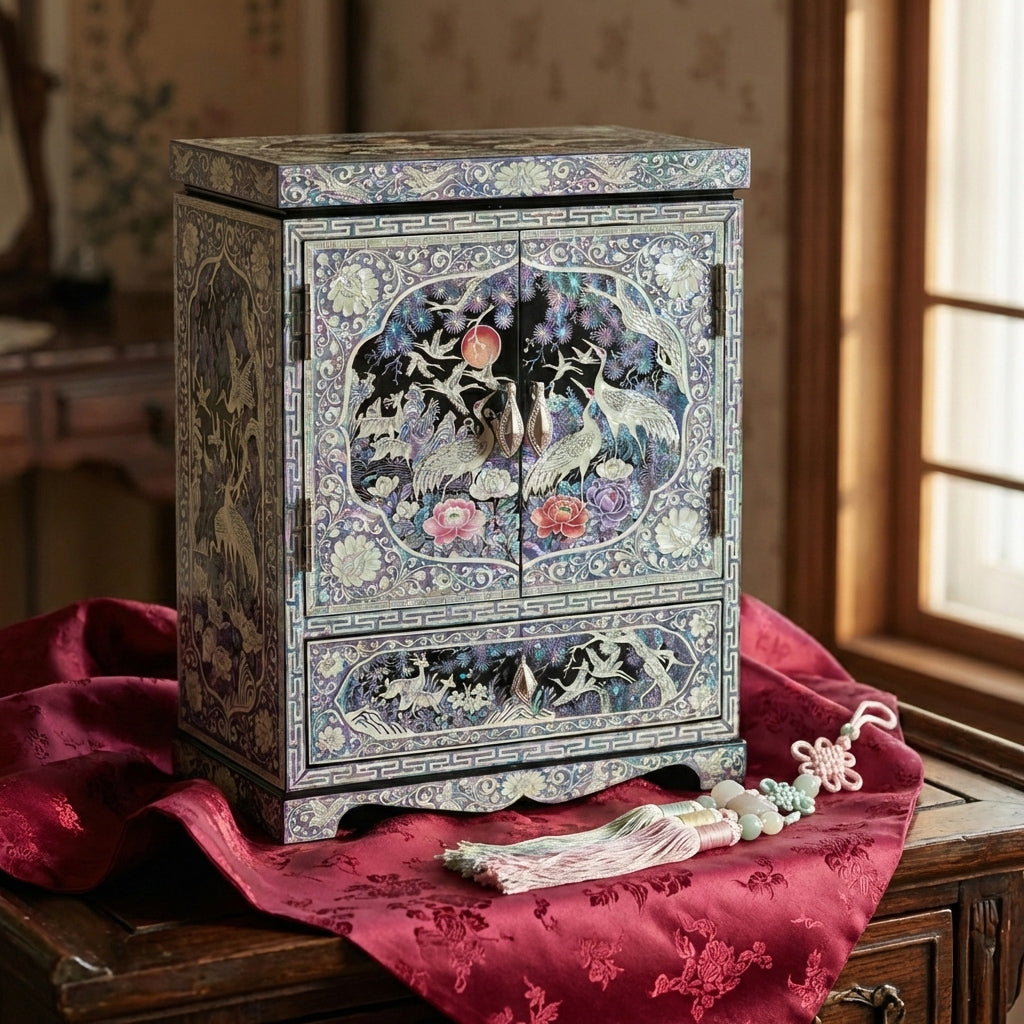 Mother of Pearl Double-Door Jewelry Chest: Longevity Motifs – ArtinKo