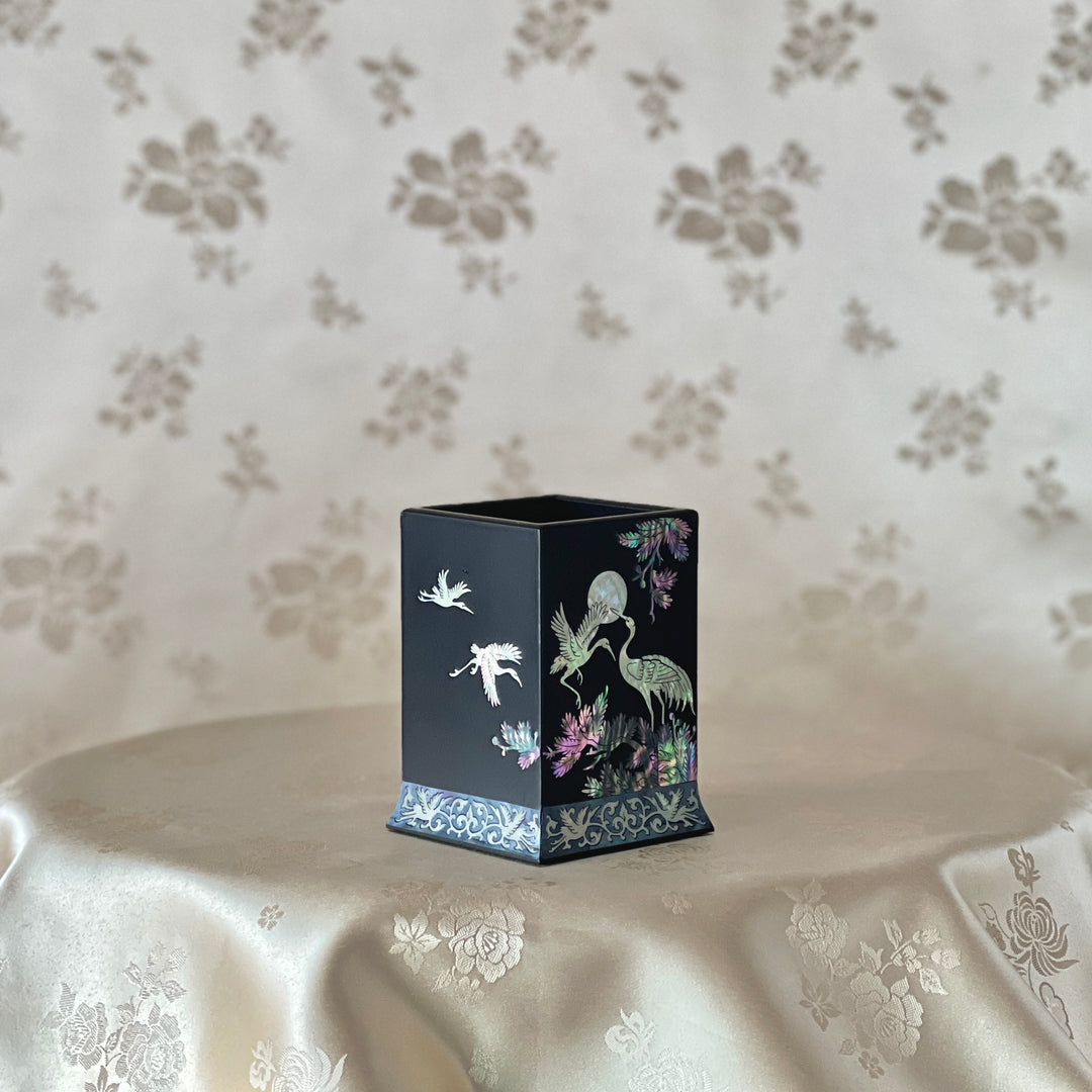 Mother of Pearl Black Color Pen Holder with Crane and Pine Tree Pattern
