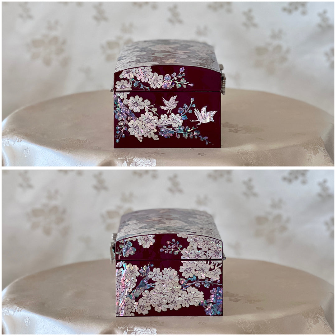 Mother of Pearl Handmade Wine Color Jewelry Box with Butterfly, Bird and Plum Blossom Tree Pattern (자개 호접 매조문 보석함)