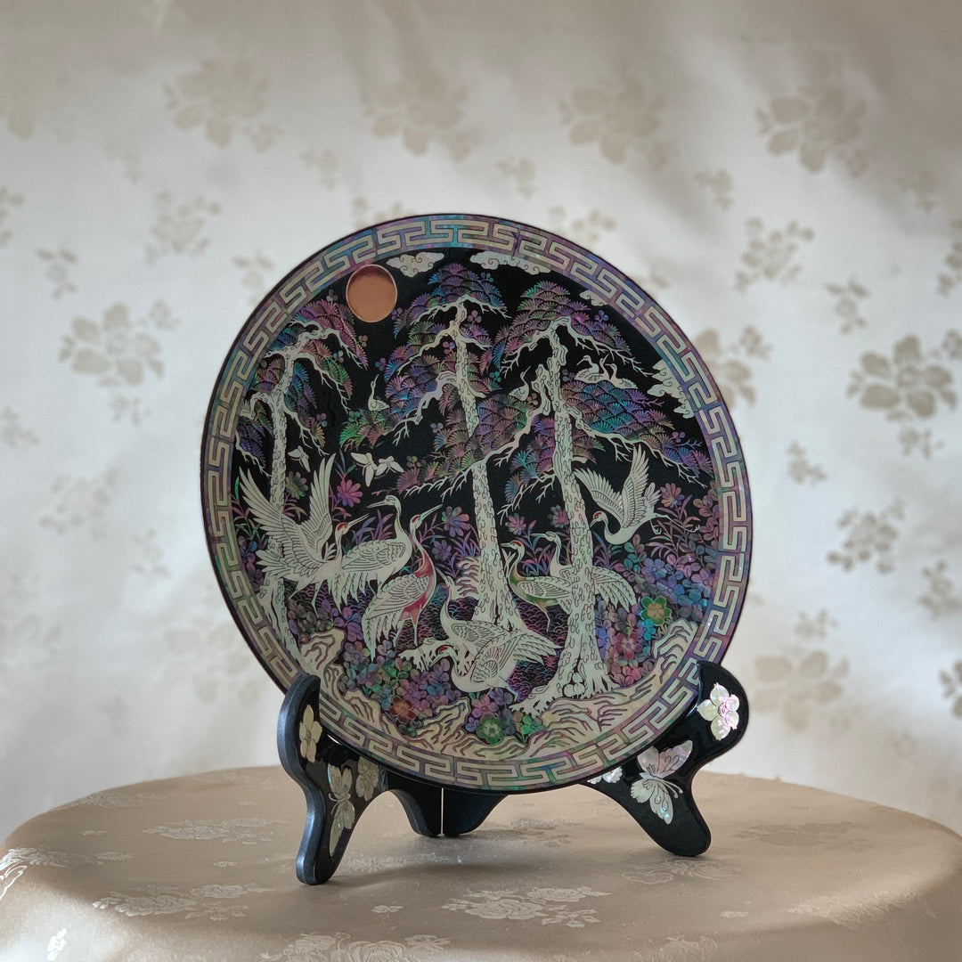 Mother of Pearl Wooden Plate with Crane and Pine Tree Pattern