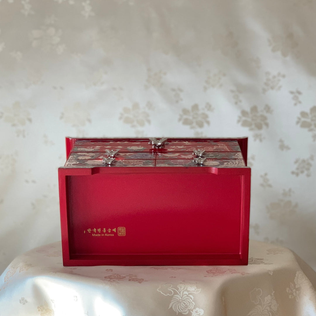 Mother of Pearl Red Wooden Jewelry Box with Peony and Crane Pattern (자개 목단 송학문 선비 설합 보석함)