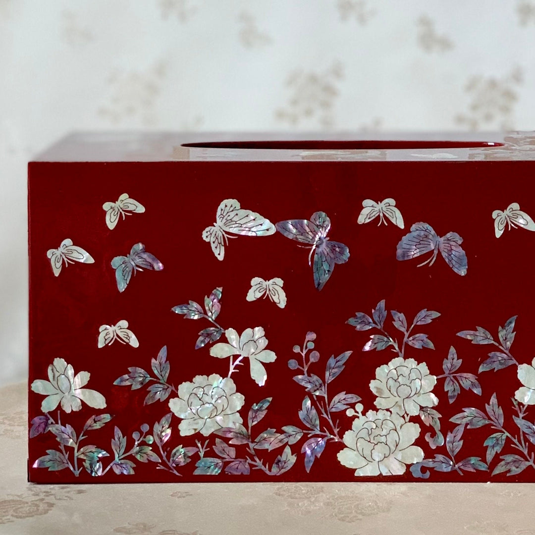 Mother of Pearl Wine Wooden Tissue Box with Butterfly and Peony Pattern (자개 호접 목단문 티슈 케이스)
