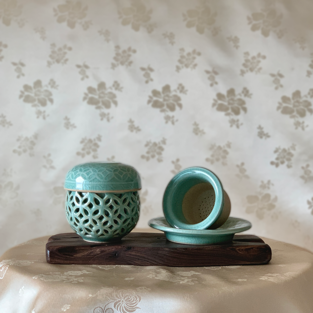Celadon Set of Two Double Wall Openwork Tea Cups with Chilbo Pattern (청자 칠보문 이중투각 찻잔 세트)
