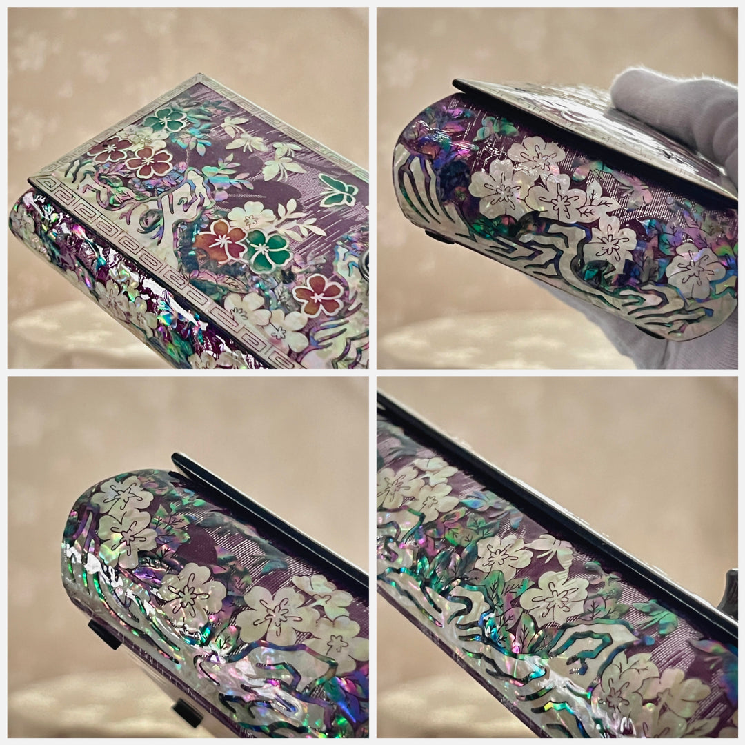 Mother of Pearl Purple Pencil Case with Silk Layered and Pattern of Butterfly and Flower (자개 비단 은사 호접문 굴림 필함)