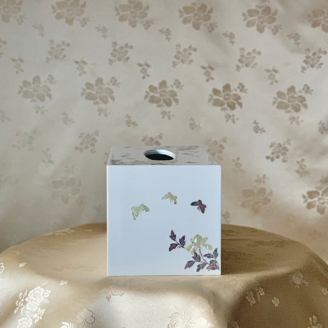 Mother of Pearl White Wooden Tissue Box with Butterfly and Peony Pattern (자개 호접 목단문 티슈 케이스)