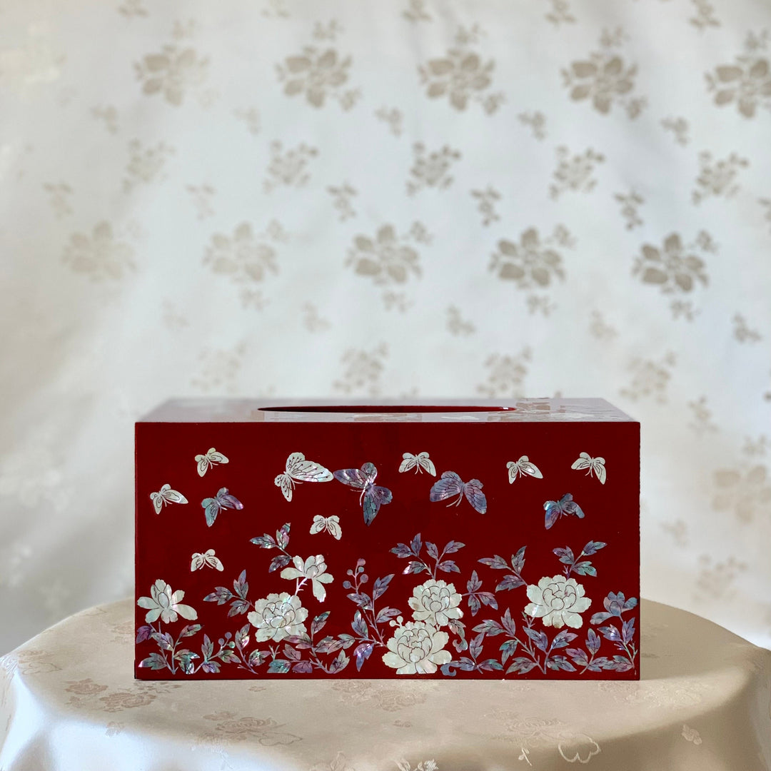 Mother of Pearl Wine Wooden Tissue Box with Butterfly and Peony Pattern (자개 호접 목단문 티슈 케이스)
