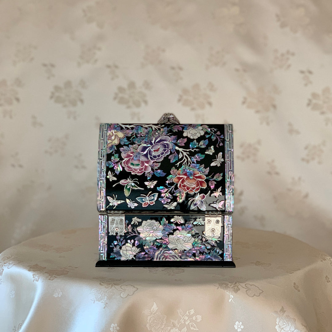 Mother of Pearl Black Jewelry Box with Butterfly and Peony Pattern and Drawer