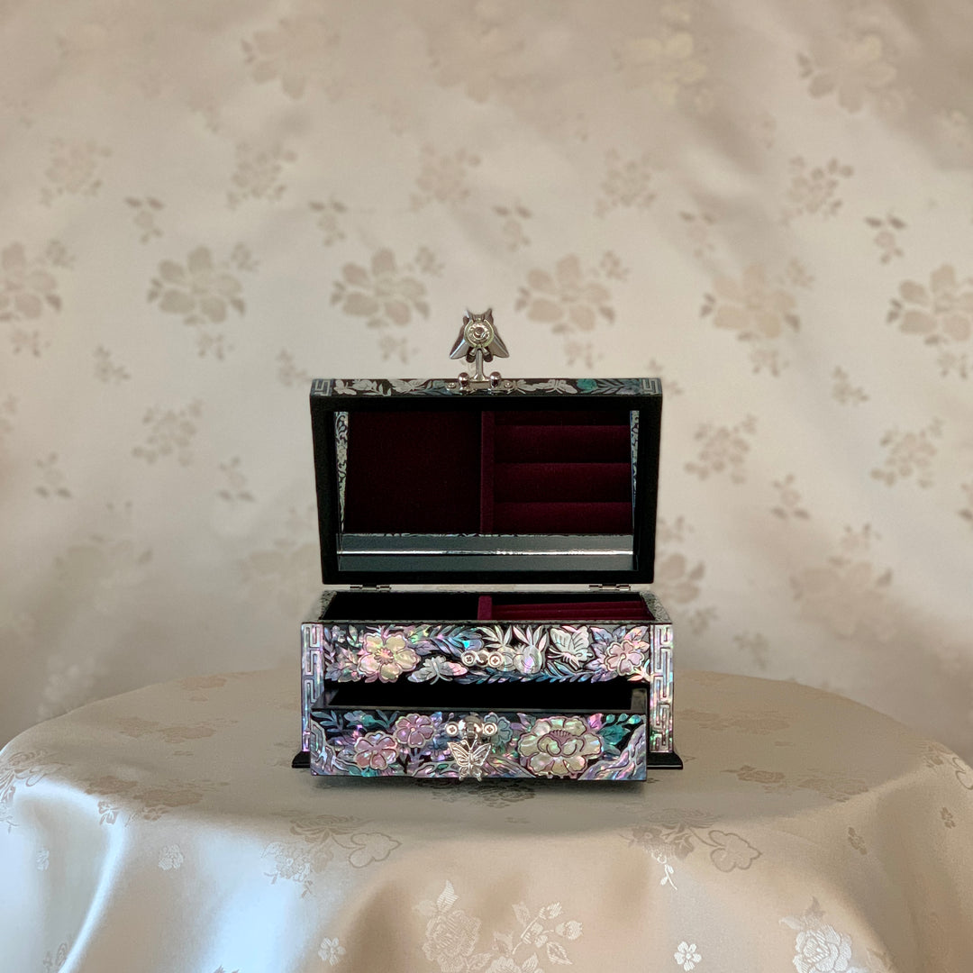 Mother of Pearl Black Jewelry Box with Butterfly and Peony Pattern and Drawer