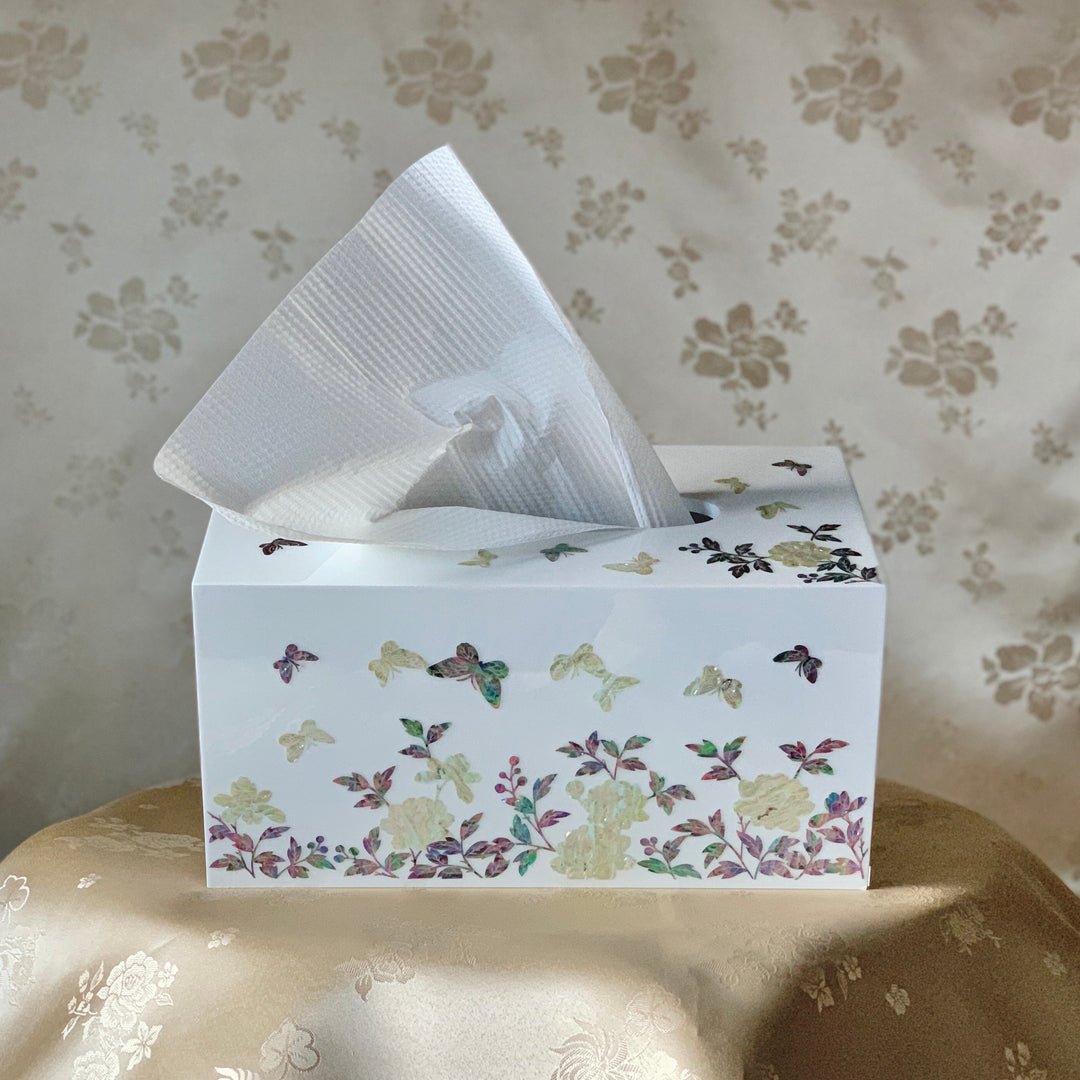 Mother of Pearl White Wooden Tissue Box with Butterfly and Peony Pattern (자개 호접 목단문 티슈 케이스)