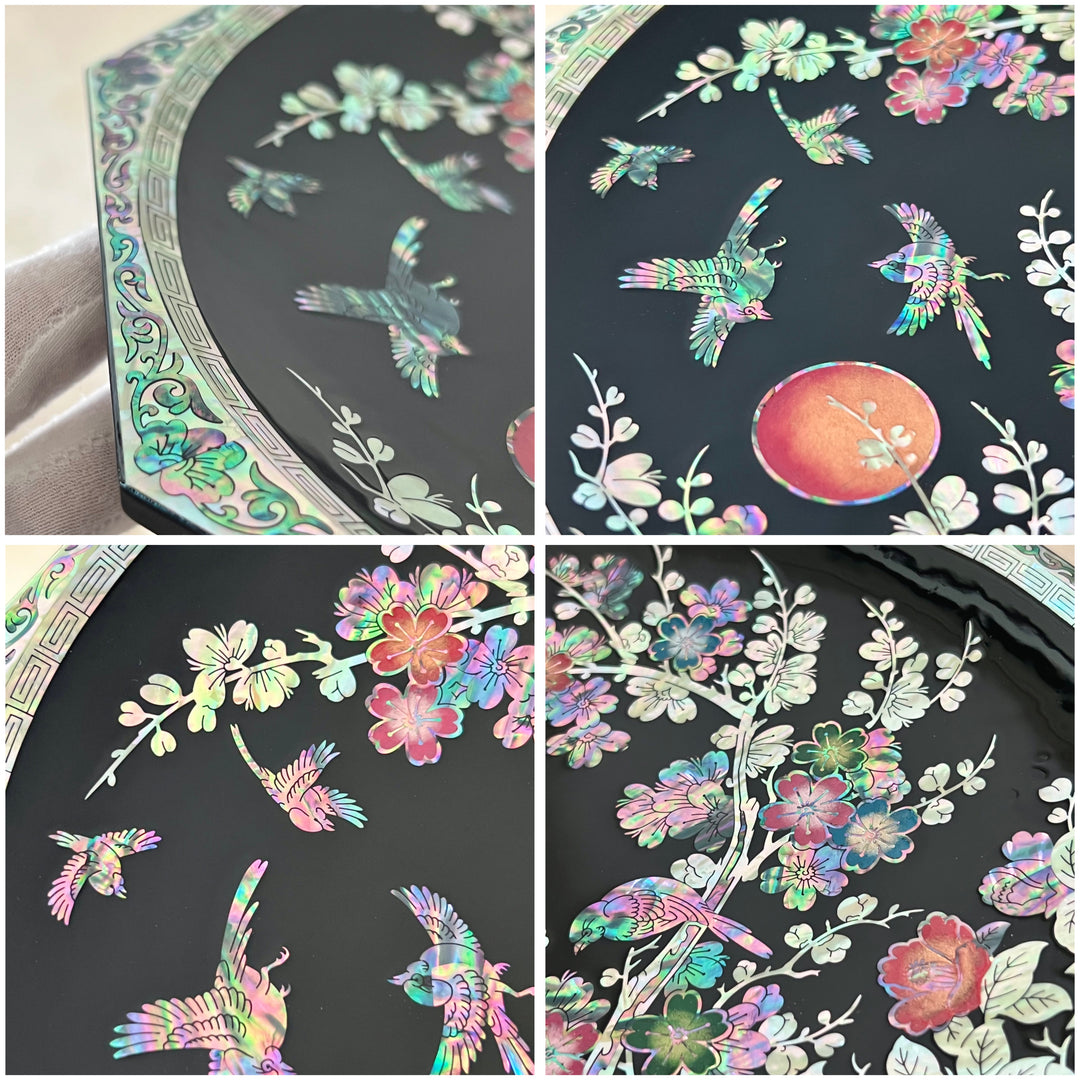 Mother of Pearl Wooden Octagon Plate with Plum Blossom and Bird Pattern (자개 매조문 접시)