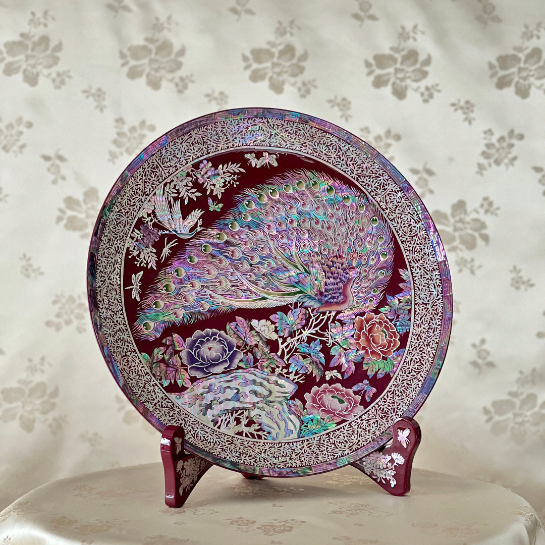 Mother of Pearl Wine Color Wooden Plate with Peacock and Peony Pattern (자개 목단 공작문 접시)