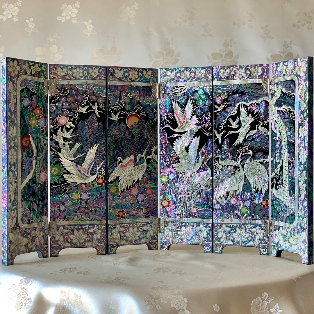 Mother of Pearl Wooden Folding Screen with Pine and Crane Pattern and Poem (자개 송학문 6폭 병풍)