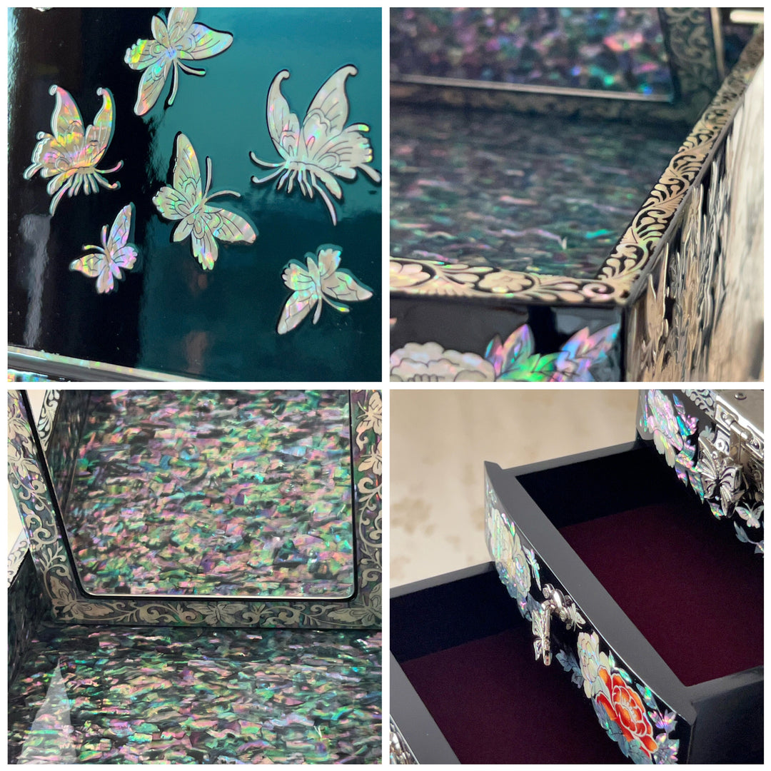 Mother of Pearl Jewelry Box with Mirror Stand and Pattern of Peony, Butterfly, Crane (자개 송학 목단문 경대함)