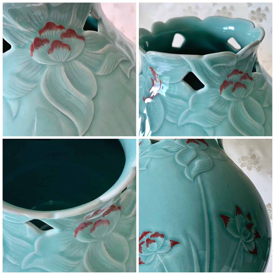 Celadon Vase with Embossed Lotus Flower Pattern (청자 양각 동화 연화문 호)