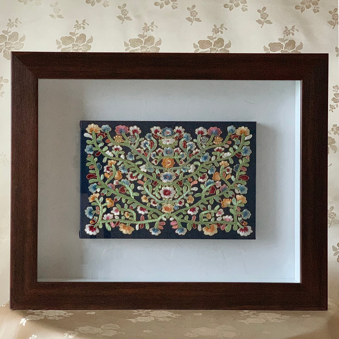 Embroidery with Vines Pattern on Dark Navy Silk in Wooden Frame (자수 당초문 액자)