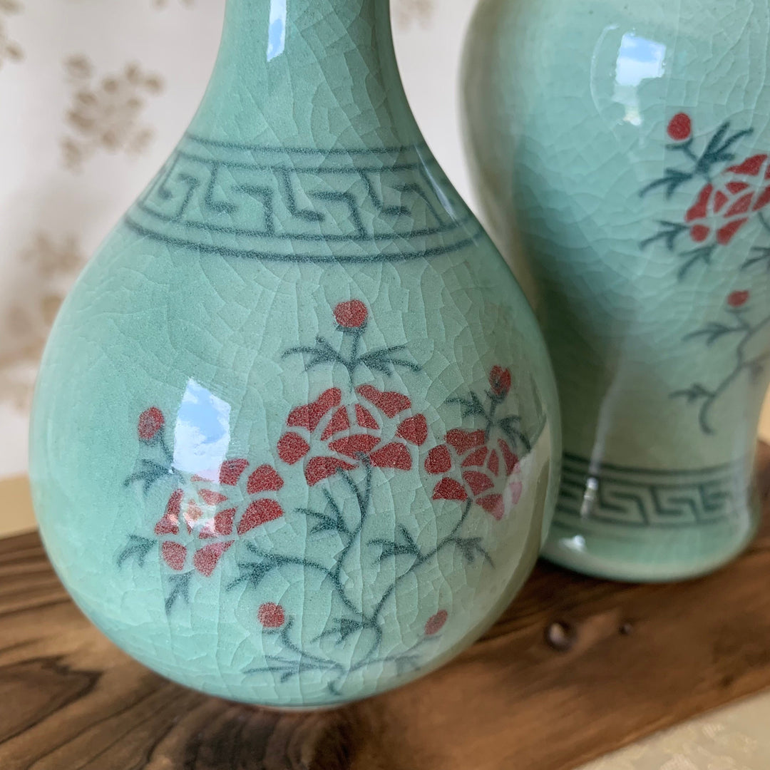 Celadon Vase Set with Red Flowers