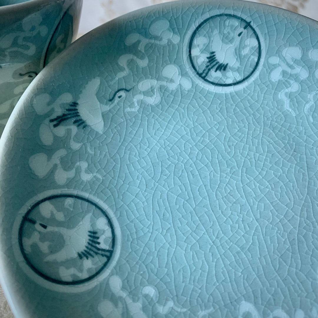 Celadon Tea Cups with Plates Set with Cranes and Clouds Pattern