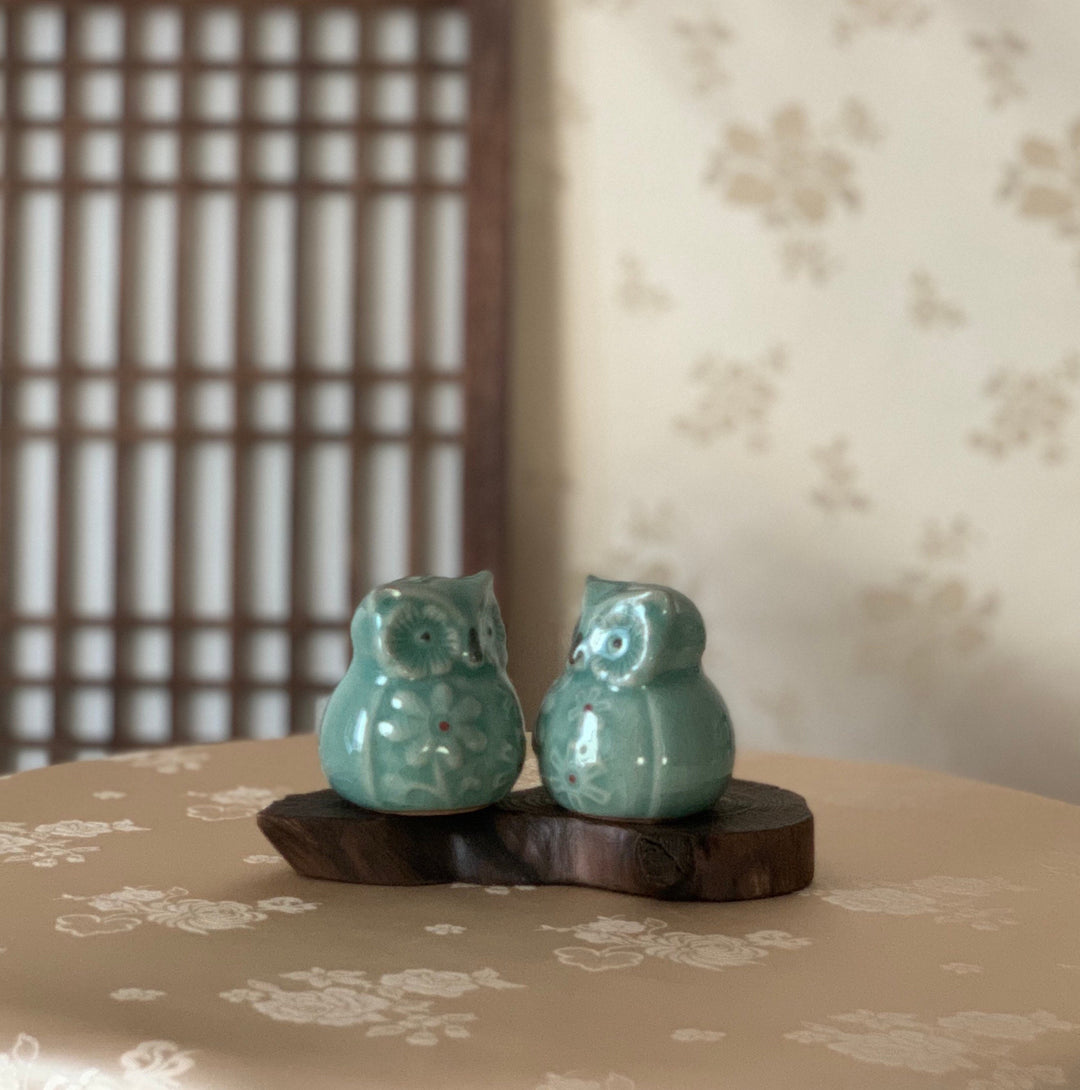Celadon Miniature Set of Two Owls with Flowers Pattern
