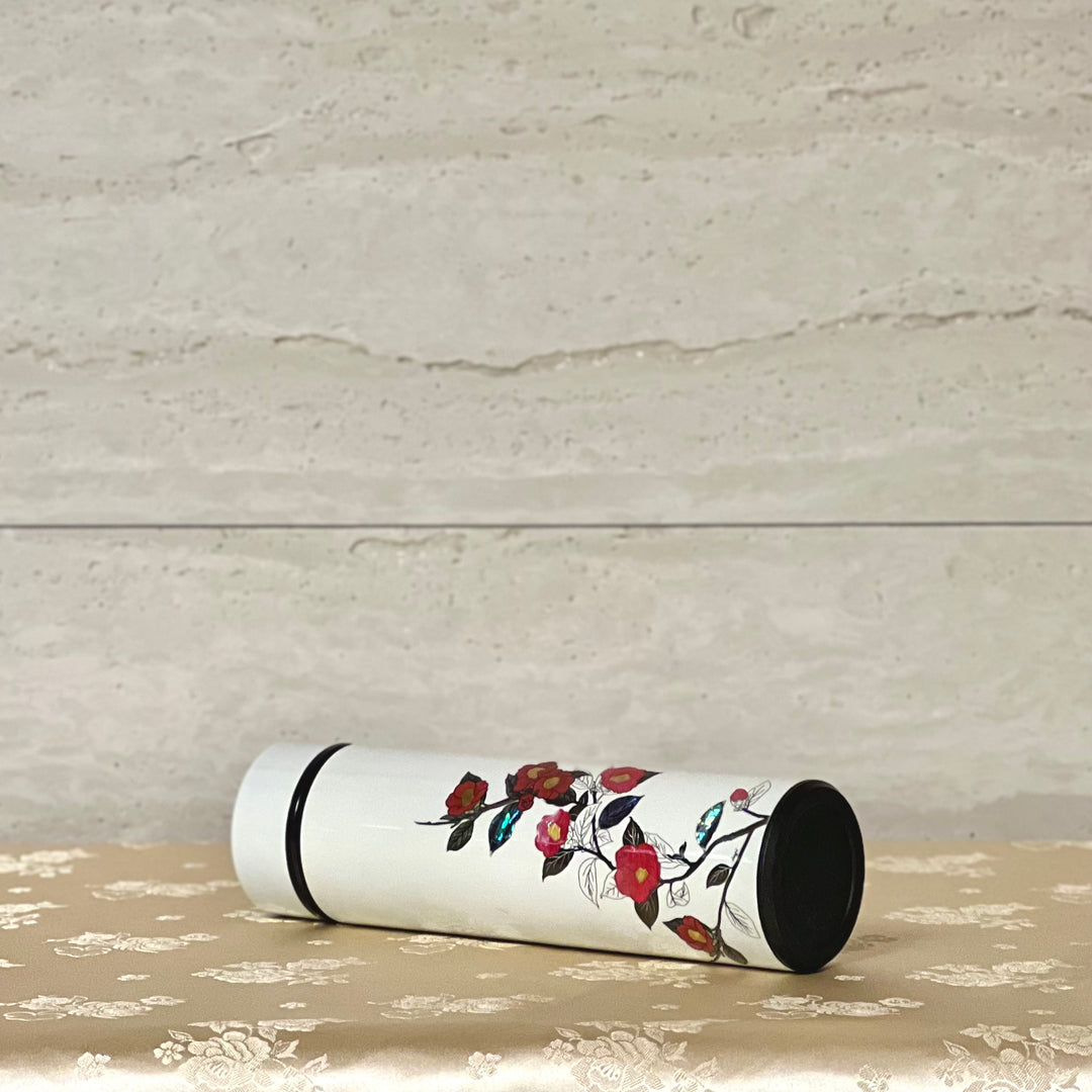 Mother of Pearl White Thermal Bottle with Camellia Pattern (자개 동백무늬 보온병)