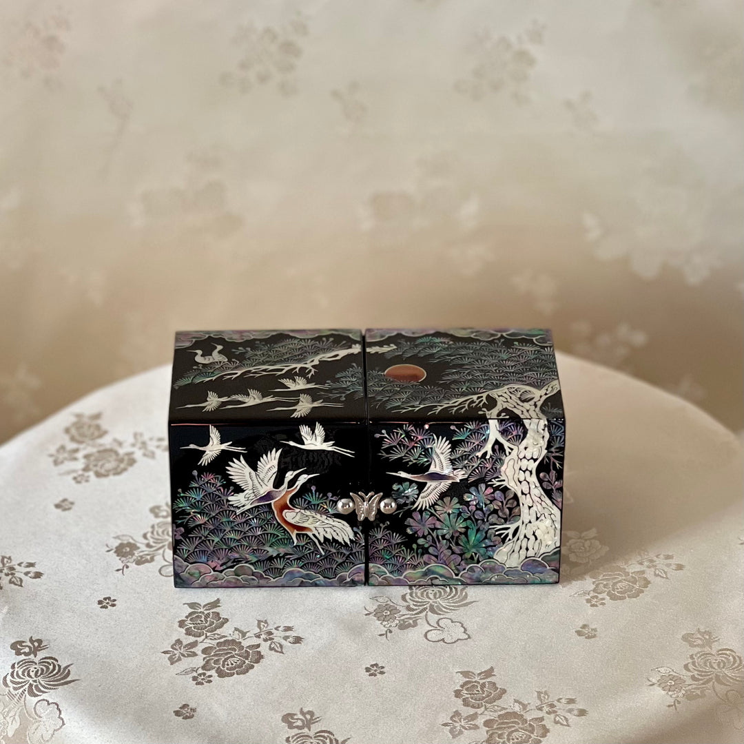 Mother of Pearl Set of Peacock Plate and Crane Jewelry Box Including Gift of Celadon Mini Vases