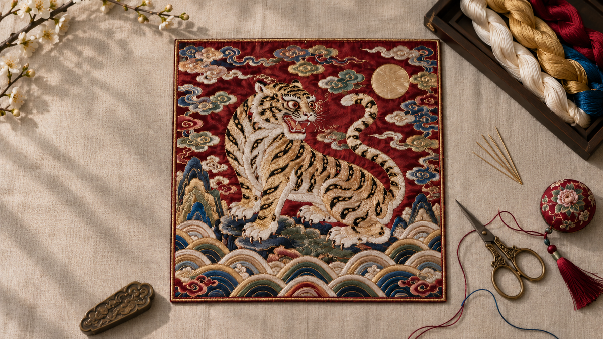 Korean embroidered panels of paired tigers and inspired by Joseon rank badges