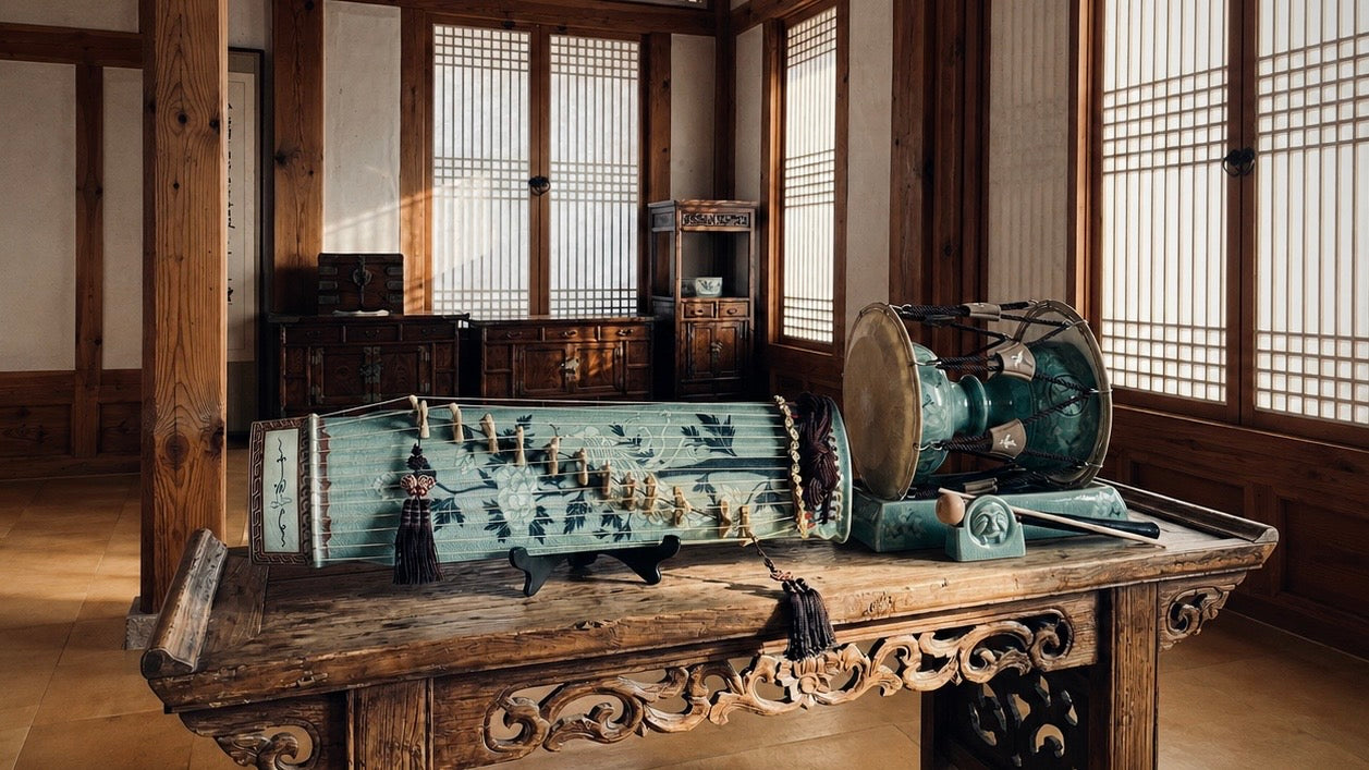 Celadon Gayageum and janggu instruments by Korean crafts master Kwon ohak Icheon