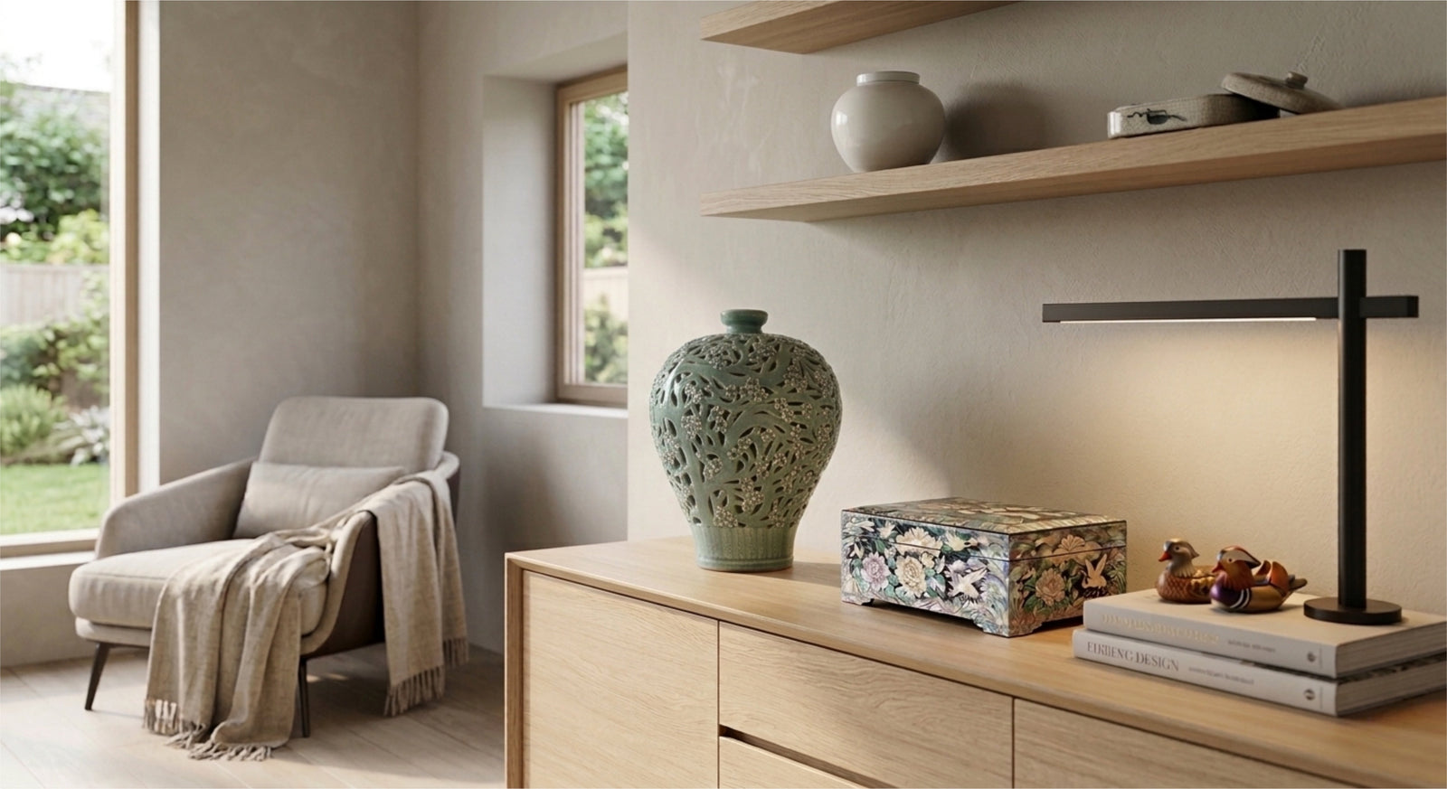 Handmade Korean Goryeo Celadon vase in a modern minimalist living room