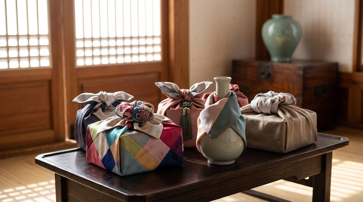 Bojagi-wrapped gifts in silk and patchwork jogakbo cloth on a wooden table in a traditional Korean hanok, with a celadon vase in the background.