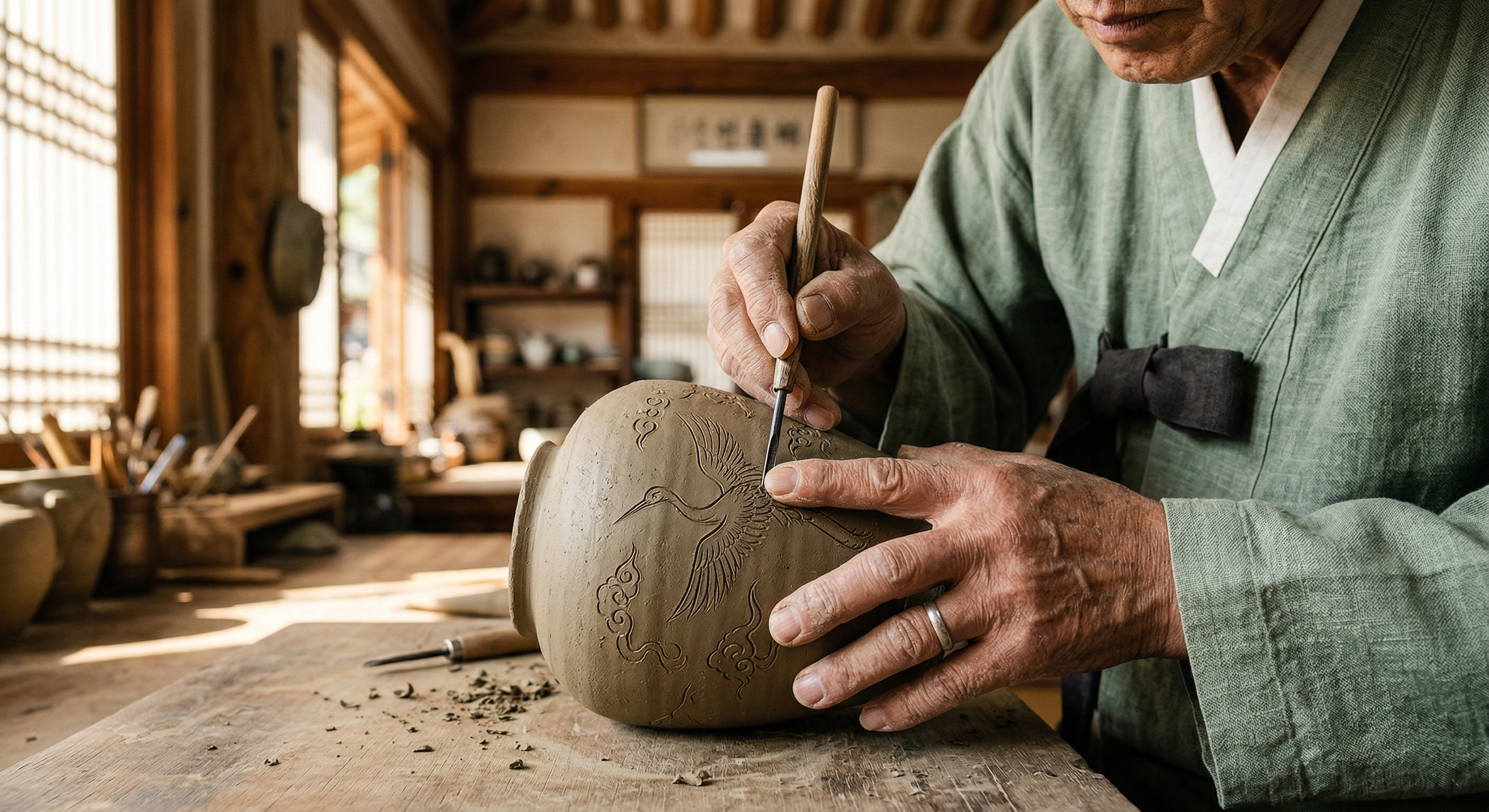 Handcrafted Goryeo Celadon vase featuring the traditional Sanggam crane and cloud inlay motif from ArtinKo
