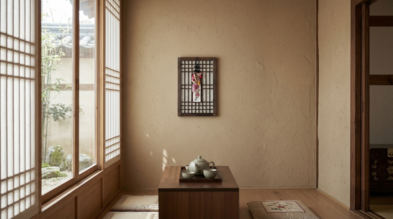Korean hanok with traditional wall art