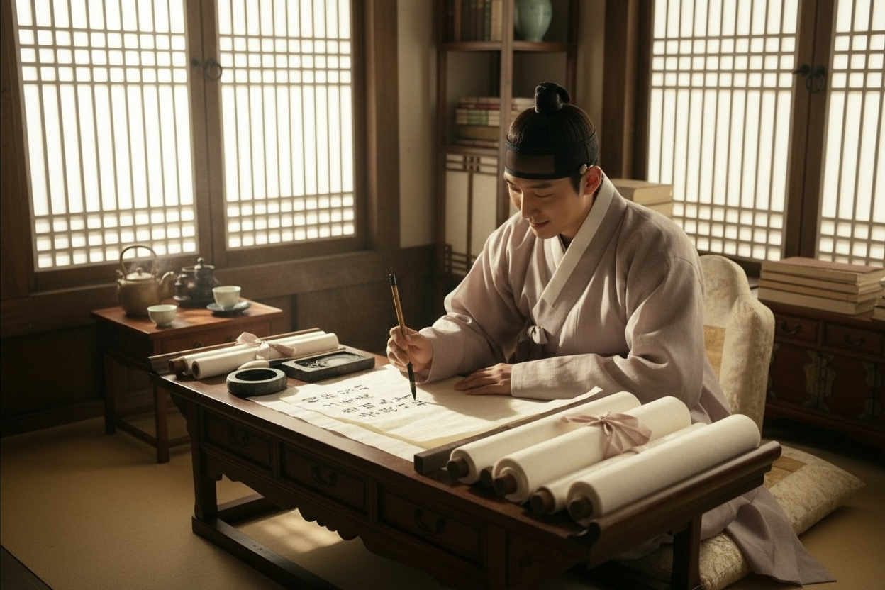 Korean scholar writing on Hanji paper