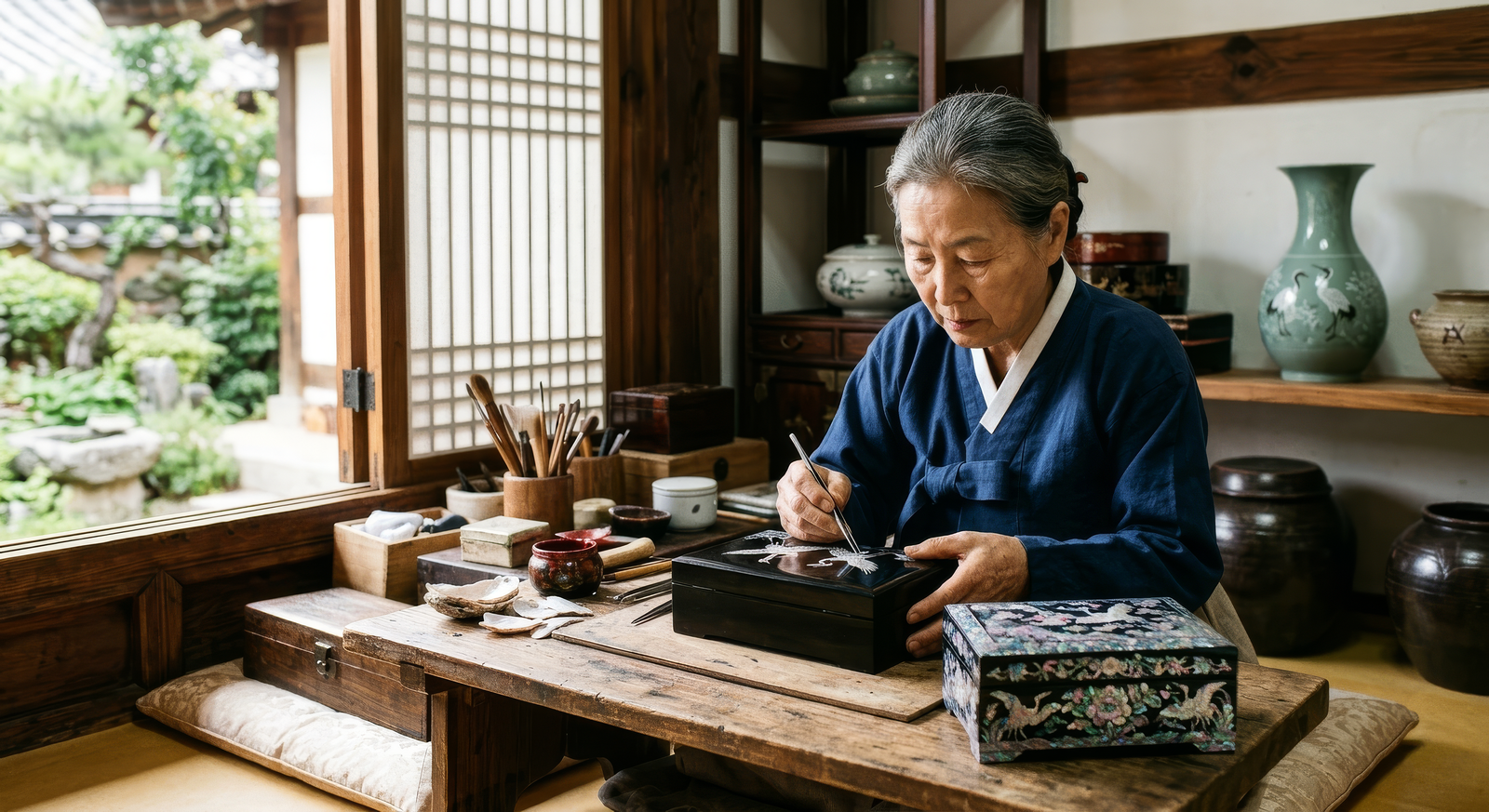 A candid photograph of an elderly Korean Master Artisan, wearing a traditional blue Hanbok, meticulously applying intricate Najeonchilgi (Mother of Pearl inlay) patterns onto a black lacquerware box using fine tools.
