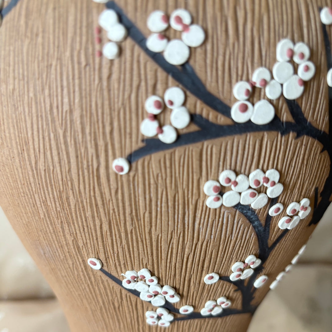 Unglazed Ceramic Maebyeong Jar with Lid: Inlaid Plum Blossom Branches
