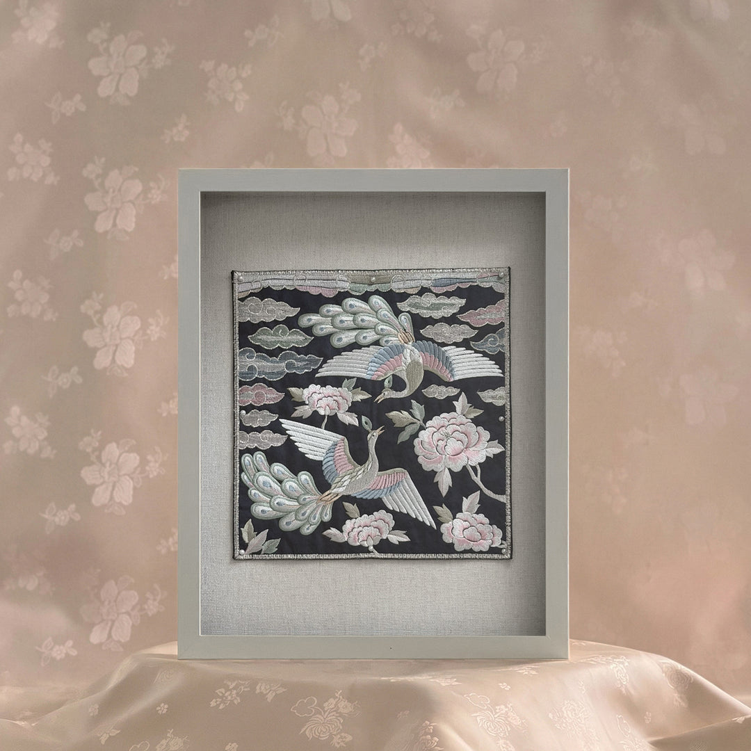 Embroidered Art Panel: Peacock Pair and Peony Motif on Navy Ground