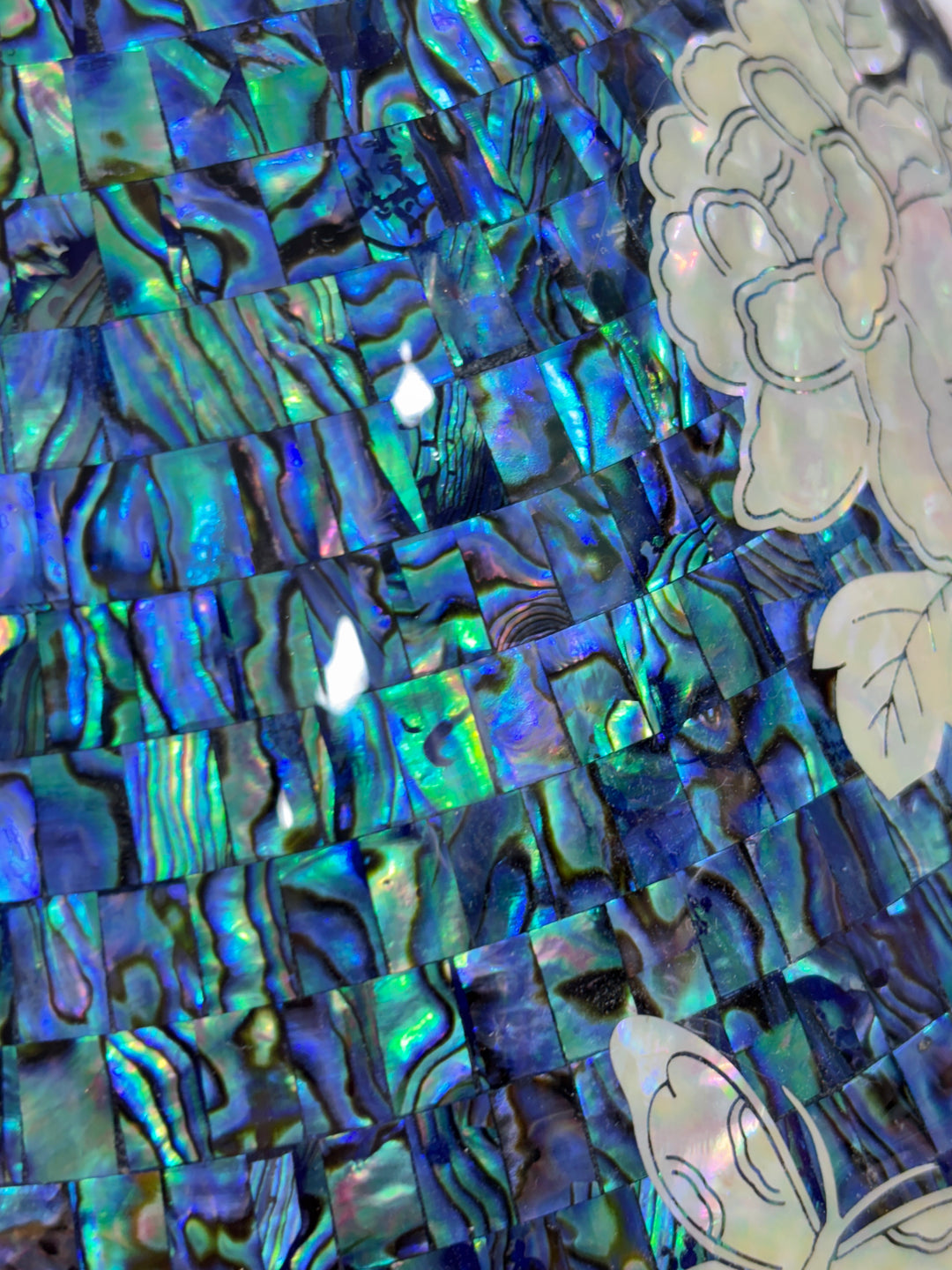 Mother-of-Pearl Ceramic Vase: Butterfly and Peony Motif on Deep Blue Abalone