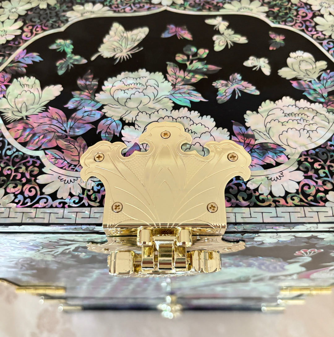 Mother of Pearl Bandaji Chest: Peacock and Peony Motif Jewelry Cabinet