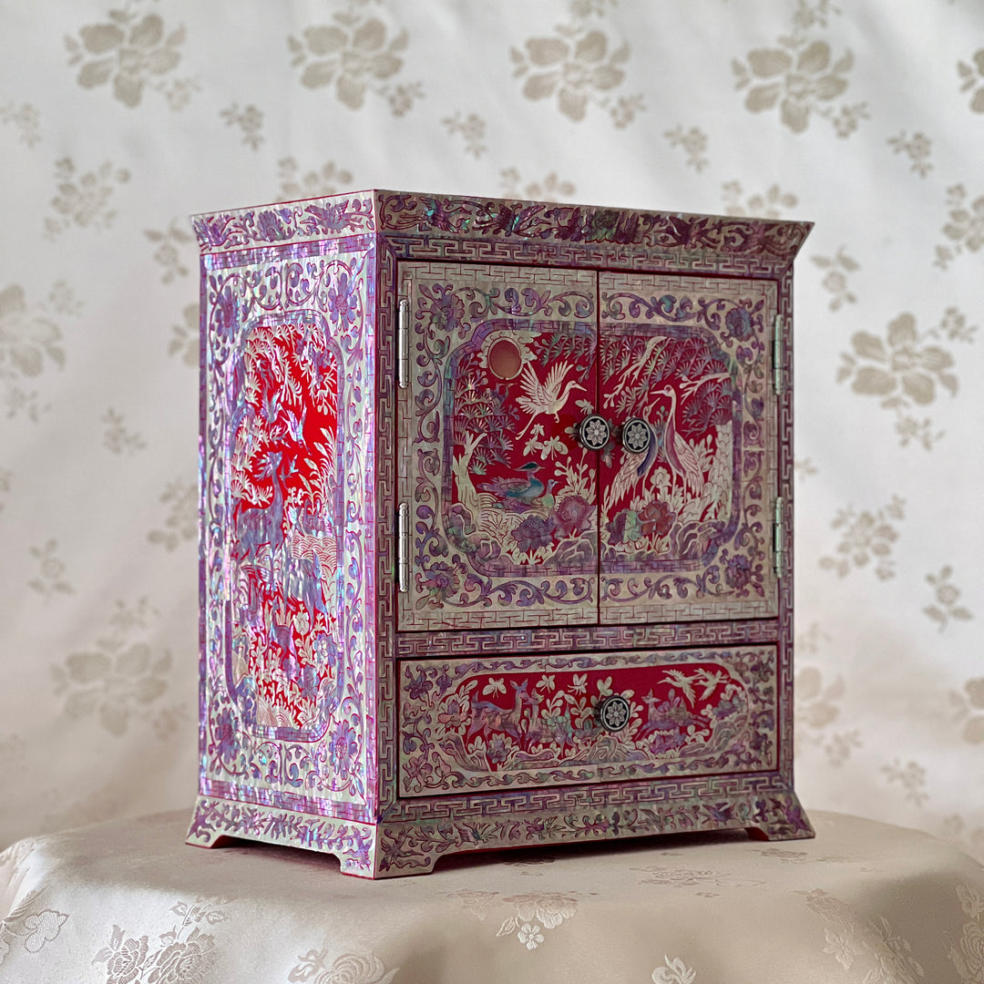 Mother-of-Pearl Double-Door Jewelry Chest: Longevity Motif, Red Ground