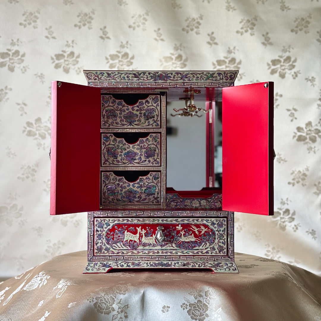 Mother-of-Pearl Double-Doored Jewelry Chest: Grand Scale, Longevity Motif on Red Ground