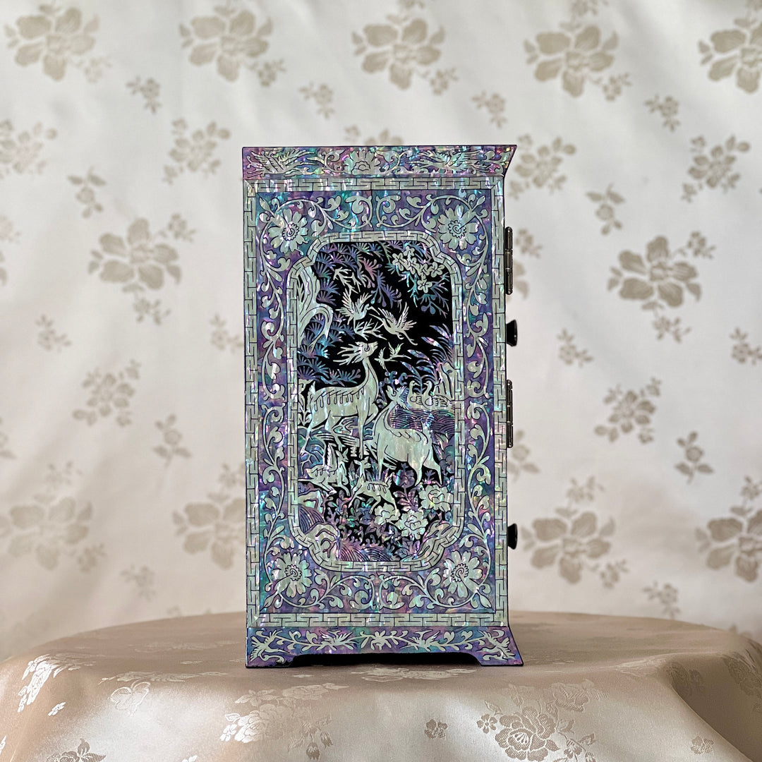 Mother-of-Pearl Double-Door Jewelry Chest: Longevity Motif, Black Ground