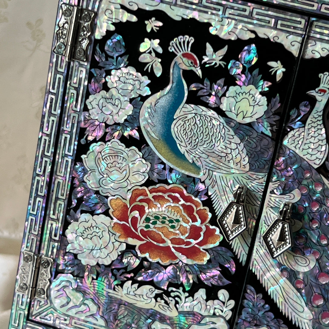 Mother-of-Pearl Double-Doored Jewelry Chest: Grand Scale, Longevity Motif on Black Ground