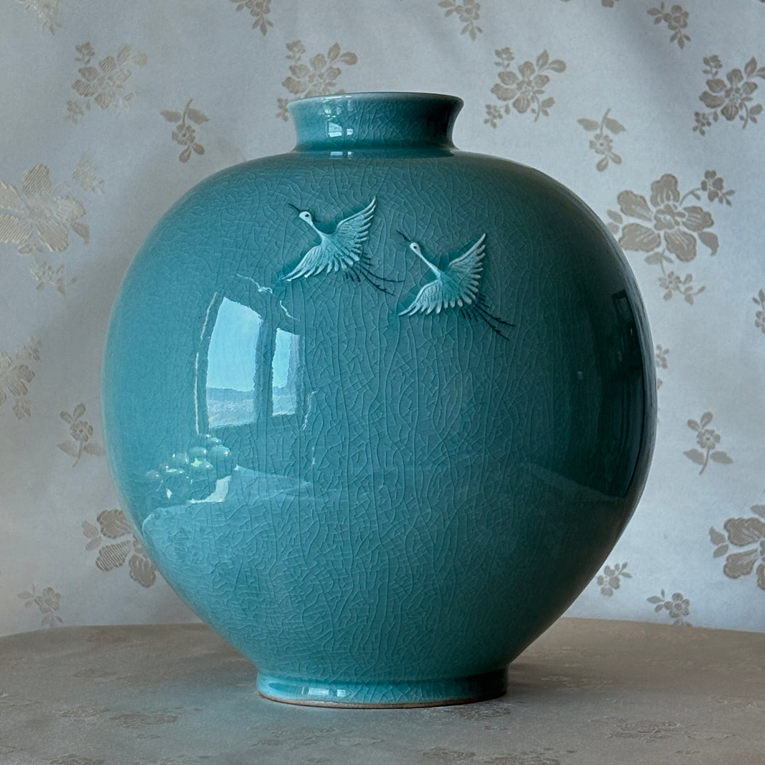 Celadon Vase: High-Relief Pair of Cranes by Master Artisan