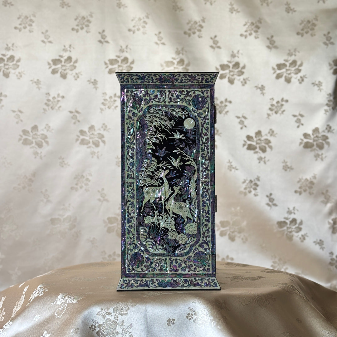 Mother-of-Pearl Double-Doored Jewelry Chest: Grand Scale, Longevity Motif on Black Ground