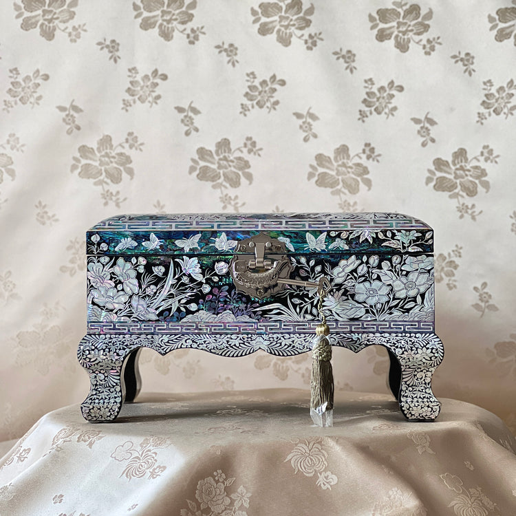 Korean mother-of-pearl legged jewelry box with mandarin ducks, butterflies, and floral inlay on black lacquer