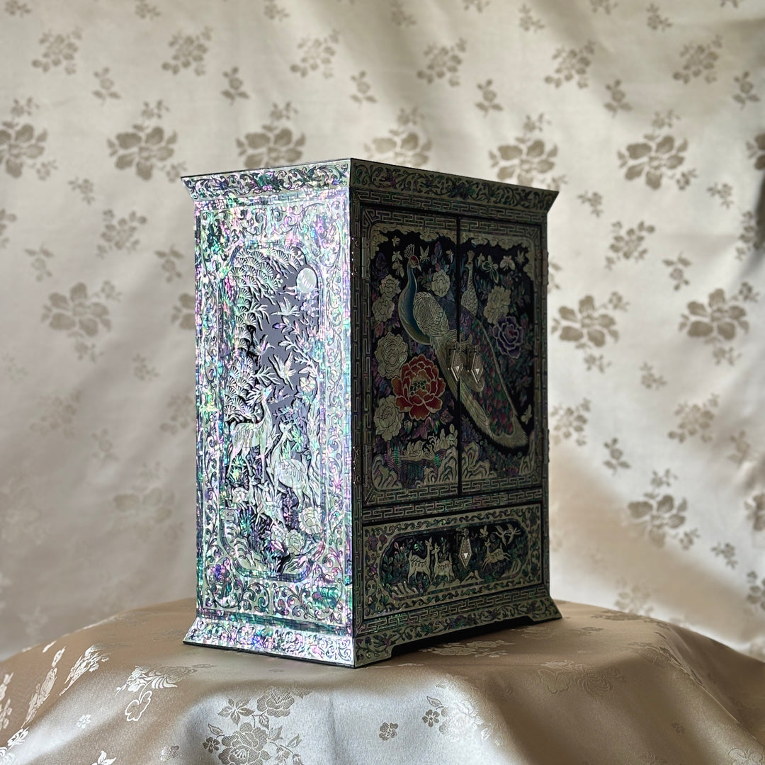 Mother-of-Pearl Double-Doored Jewelry Chest: Grand Scale, Longevity Motif on Black Ground